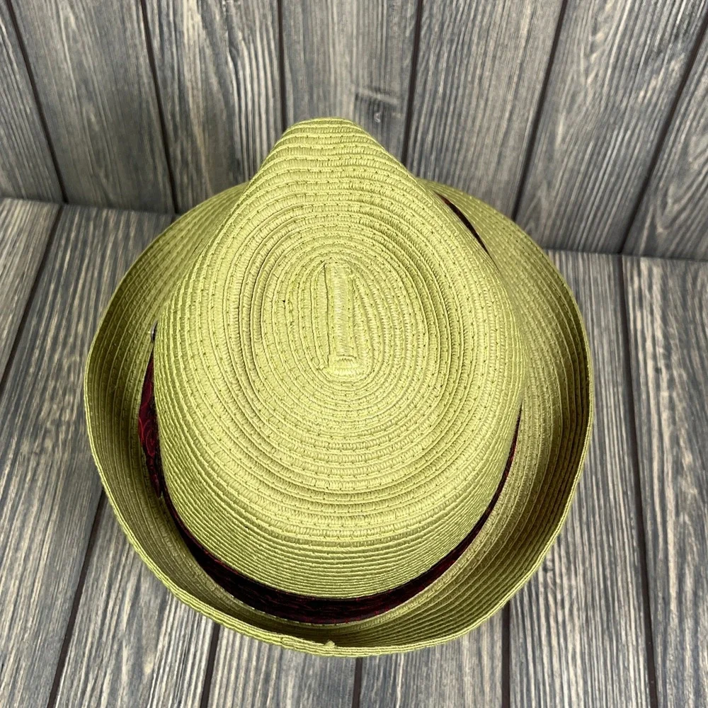 Peter Grimm Fedora Hat Men S/M Green Straw Trilby Burgundy Band Summer Sun Beach